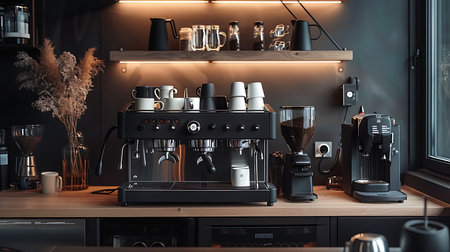 Stylish coffee machine on wooden table in cafeの素材