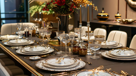 A stylish dining table with chairs and a chandelierの素材