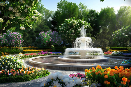 Fountain in the garden with beautiful flower backgroundの素材