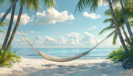 Hammock on a tropical beach with palm treesの素材