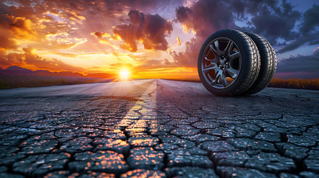 Asphalt road circuit with car tire brake sunset conceptの素材