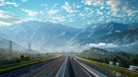 A highways road leading to mountains under the blue skyの素材