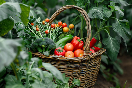 A wicker basket filled of vegetablesの素材