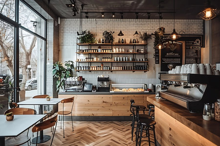 Interior of modern cafe with dark wooden wallsの素材