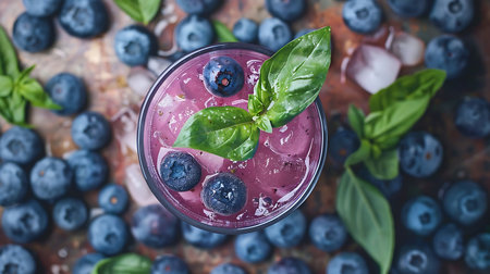 Blueberry mojito with basil and ice in glass on wooden backgroundの素材