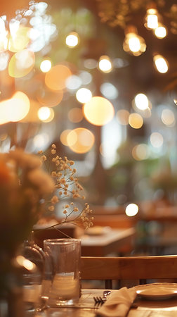 A blurred image of restaurant with lights in the blur backgroundの素材