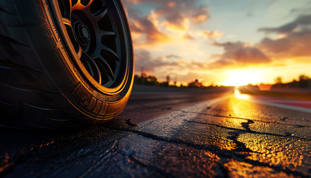 Asphalt road circuit with car tire brake sunset conceptの素材