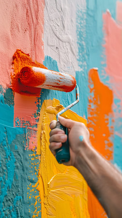 A hand holding painting wall with paint rollerの素材