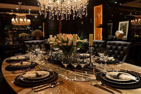 A stylish dining table with chairs and a chandelierの素材