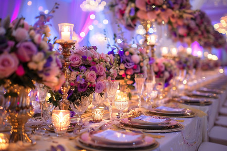 Wedding table decorated with flowers and cutleryの素材