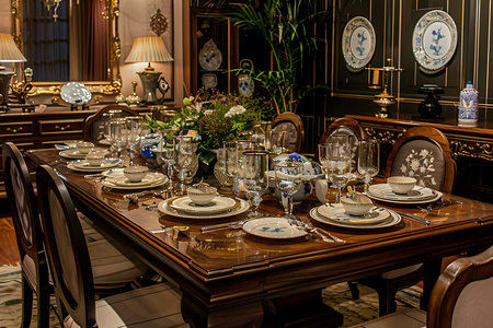A stylish dining table with chairs and a chandelierの素材