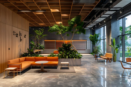 Interior of modern office with black walls, wooden floor and computer tableの素材