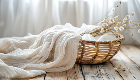 A straw basket and a white cloth on a wooden surfaceの素材