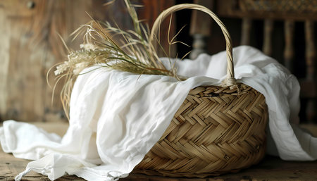 A straw basket and a white cloth on a wooden surfaceの素材