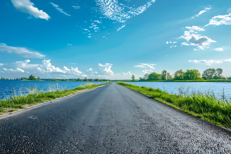 Asphalt road and beautiful landscape with mountains and lake in the backgroundの素材