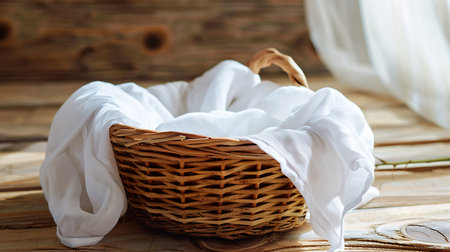 A straw basket and a white cloth on a wooden surfaceの素材