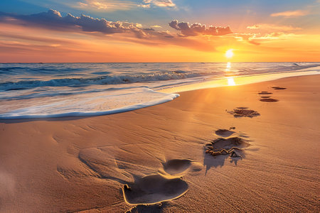 Beautiful seascape with footprints on the beach at sunsetの素材