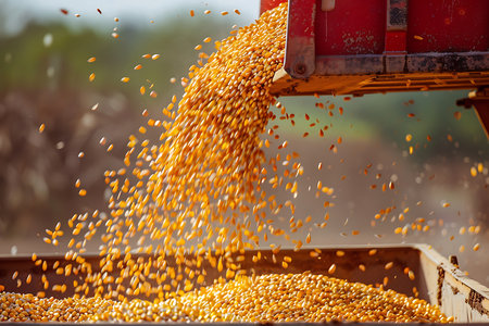 Harvester pouring freshly harvested corn grains out of a containerの素材