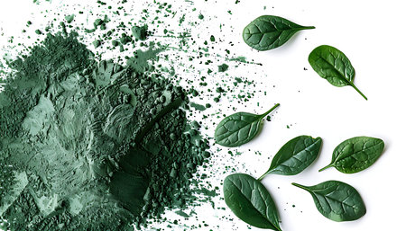 A green dry spinach powder on a white backgroundの素材