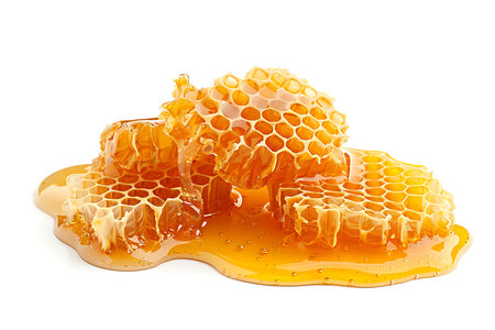 Honeycombs with honey dripping isolated on white backgroundの素材