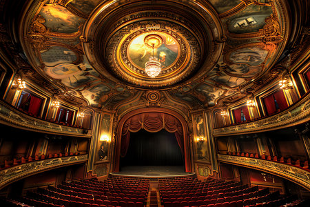 A Historic theater with a chandelier and chairsの素材