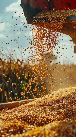 Harvester pouring freshly harvested corn grains out of a containerの素材