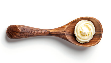 Sour cream in wooden spoon on white backgroundの素材