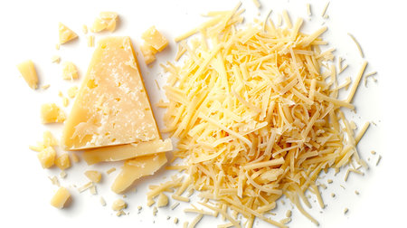 Pile of grated cheese isolated on white backgroundの素材