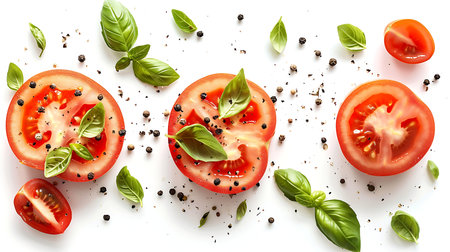 Tomato slices and basil leaves isolated on white backgroundの素材