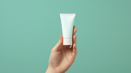 Woman hand holding a white tube of creamの素材