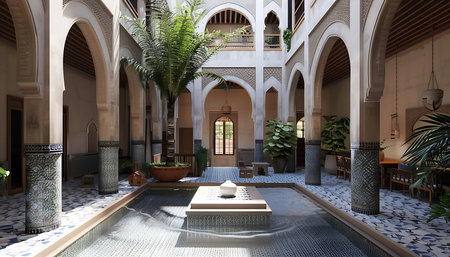A courtyard with palm trees and a poolの素材