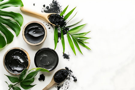 Charcoal mask and scrub decorate with green leaf in white backgroundの素材