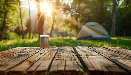 Wooden table in front of tents and grass fieldの素材