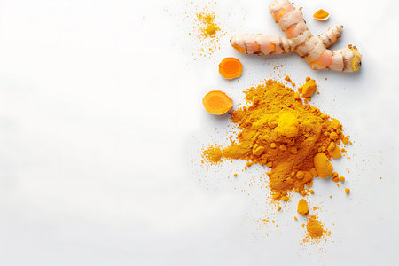 Turmeric powder with turmeric root isolated on white backgroundの素材