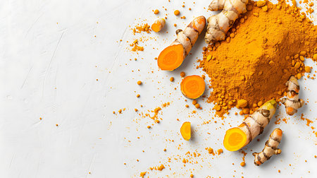 Turmeric powder with turmeric root isolated on white backgroundの素材