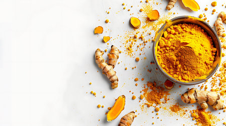 Turmeric powder with turmeric root isolated on white backgroundの素材