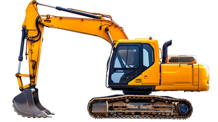 A yellow construction vehicle with a black cab isolated on white backgroundの素材