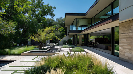 Modern house exterior with garden and beautiful landscapingの素材