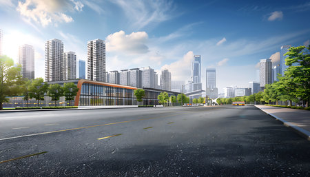 Asphalt road and modern city skylineの素材