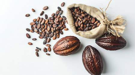 Cocoa beans and cocoa pod isolated on white backgroundの素材