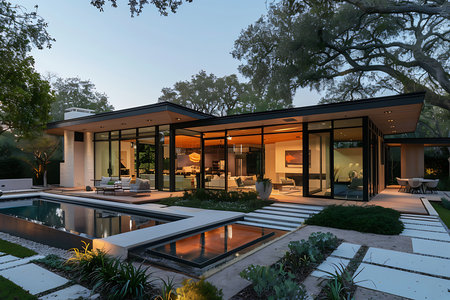 Modern house exterior with garden and beautiful landscapingの素材