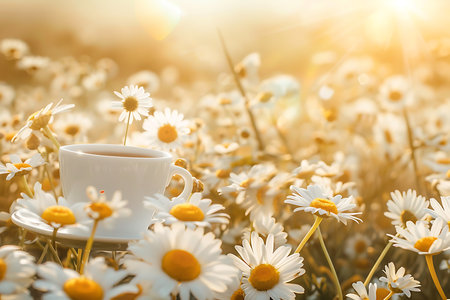 Cup of coffee in the meadow with daisies.の素材
