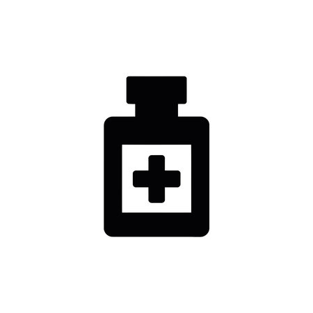 Black and white icon of medicine bottle with a medical cross symbol on white background. The vector is suitable for hospital or pharmacy related theme.のイラスト素材
