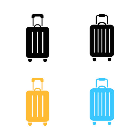Suitcase icons set in black, yellow, and blue against a white background. Featuring luggage bags for travel, vacations, and business trips in vector format.のイラスト素材