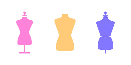 Three colorful mannequin icons on a white background. There is a pink, orange, and blue mannequin. The image shows a set of fashion design dummies.のイラスト素材