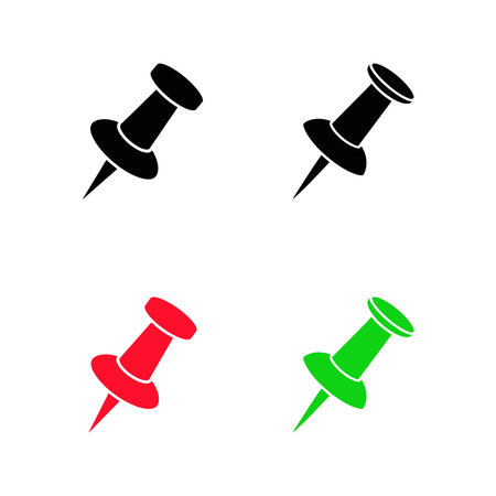 Push pin icon set in various colors, including black, red, and green, displayed on a clean white background offering diverse design options.のイラスト素材