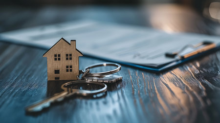 House keychain and keys on the background of real estate contract.の素材