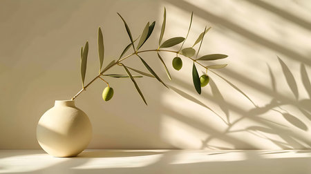 Olive branch in vase on white background with shadowsの素材