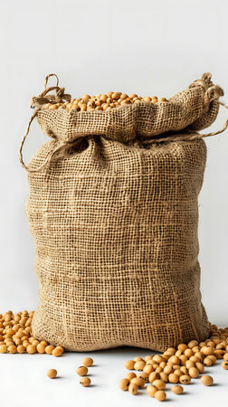 Soybeans in burlap sack isolated on a white background.の素材
