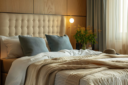 Luxury bedroom interior with bed and pillowsの素材